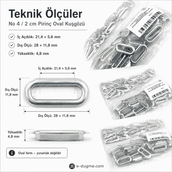 No 4 / 2 cm Pirinç Oval Kuşgözü, çanta ve ayakkabı aksesuarları için ideal metal parça