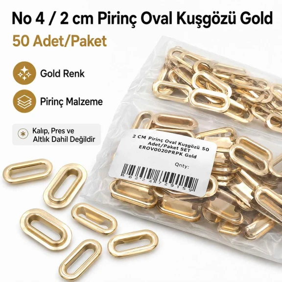 No 4 / 2 cm Pirinç Oval Kuşgözü Gold 50 Adet/Paket - Estetik ve dayanıklı aksesuar çözümü