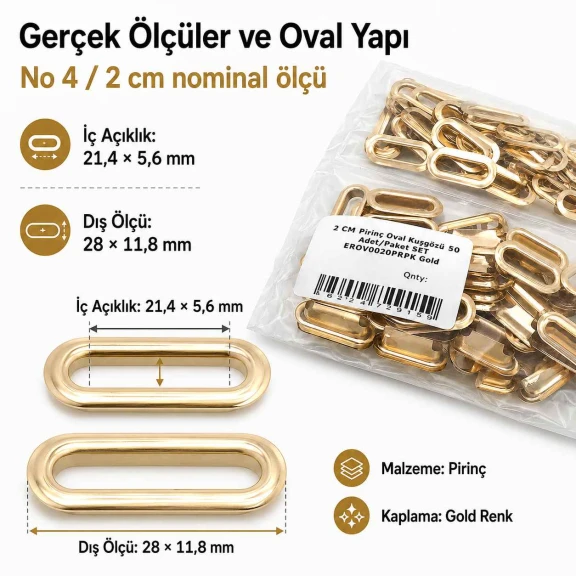 No 4 / 2 cm Pirinç Oval Kuşgözü Gold 50 Adet/Paket - Estetik ve dayanıklı aksesuar çözümü