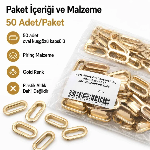 No 4 / 2 cm Pirinç Oval Kuşgözü Gold 50 Adet/Paket - Estetik ve dayanıklı aksesuar çözümü