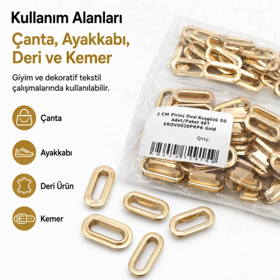 No 4 / 2 cm Pirinç Oval Kuşgözü Gold 50 Adet/Paket - Estetik ve dayanıklı aksesuar çözümü