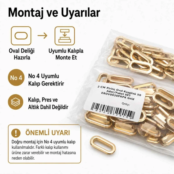 No 4 / 2 cm Pirinç Oval Kuşgözü Gold 50 Adet/Paket - Estetik ve dayanıklı aksesuar çözümü