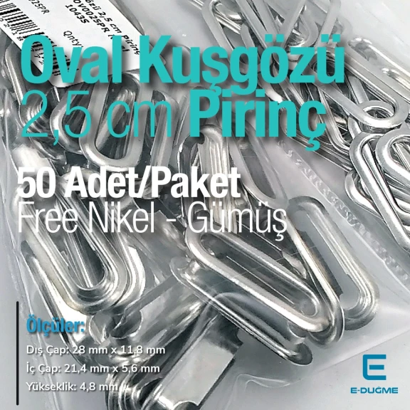 25 mm (0.98") Free Nickel Brass Oval Eyelets, 50 Pieces/Pack – EROV0025PRPKFN