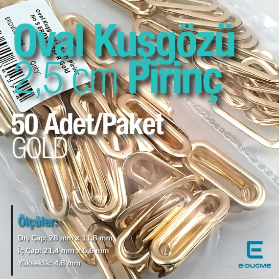 Oval Kuşgözü 2,5 cm Gold 50 Adet/Paket Pirinç – EROV0025PRPKGLD