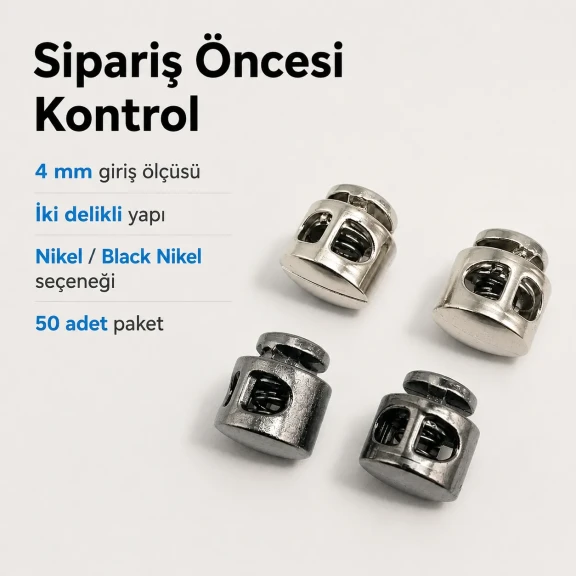 İki Delikli 4 mm Mayın Model Plastik Stoper, 50 adet paket, çanta ve mont aksesuarı