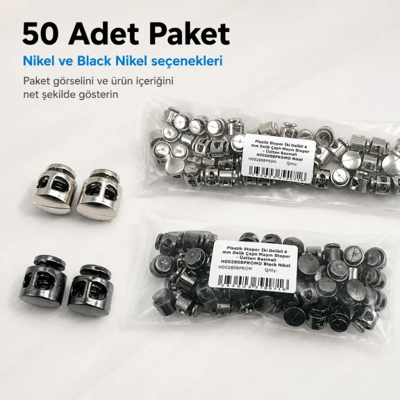 İki Delikli 4 mm Mayın Model Plastik Stoper, 50 adet paket, çanta ve mont aksesuarı