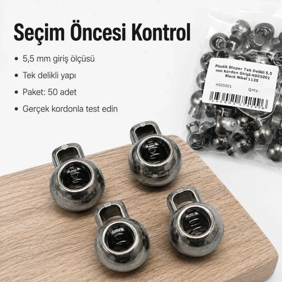 5.5 mm Kordon Girişli Tek Delikli Plastik Stoper 22 × 16 mm 50 Adet Paket