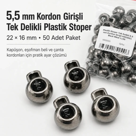 5.5 mm Kordon Girişli Tek Delikli Plastik Stoper 22 × 16 mm 50 Adet Paket