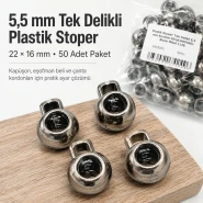 5,5 mm Kordon Girişli Tek Delikli Plastik Stoper 22 × 16 mm 50 Adet Paket H005001PROMO