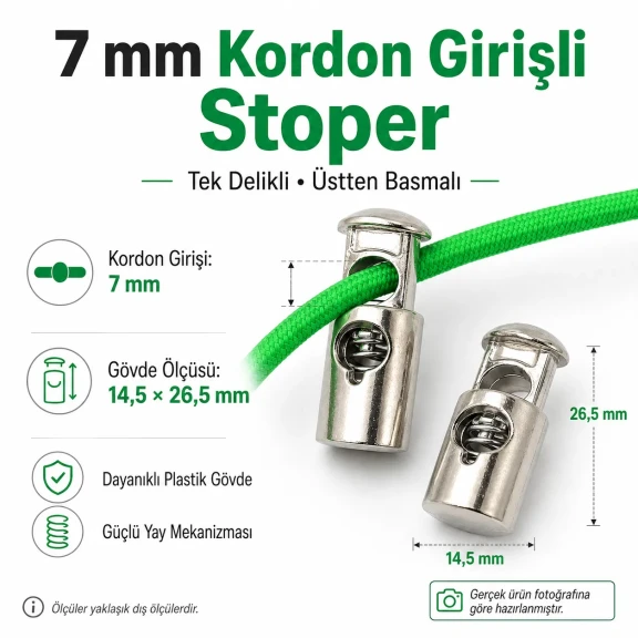 Tek Delikli Plastik Stoper 7 mm Kordon Girişli Üstten Basmalı 50 Adet H005010Promo - Plastik malzeme, dayanıklı ve esnek