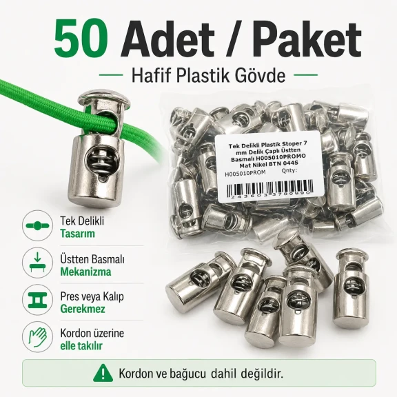 Tek Delikli Plastik Stoper 7 mm Kordon Girişli Üstten Basmalı 50 Adet H005010Promo - Plastik malzeme, dayanıklı ve esnek