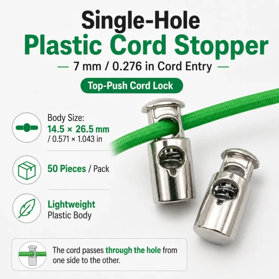Tek Delikli Plastik Stoper 7 mm Kordon Girişli Üstten Basmalı 50 Adet H005010Promo - Plastik malzeme, dayanıklı ve esnek