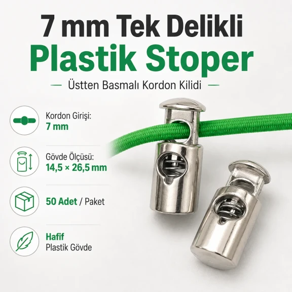 Tek Delikli Plastik Stoper 7 mm Kordon Girişli Üstten Basmalı 50 Adet H005010Promo - Plastik malzeme, dayanıklı ve esnek