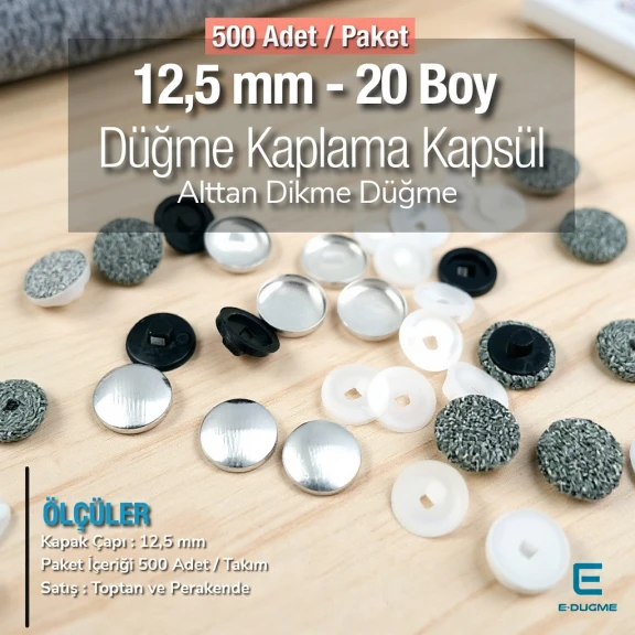 20 Boy - 12,5 mm Kumaş Kaplama Düğme Alttan Dikme 500 Ad/Pkt – KAP0020