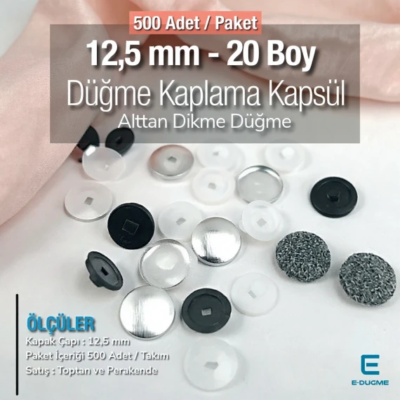 20 Boy - 12,5 mm Kumaş Kaplama Düğme Alttan Dikme 500 Ad/Pkt – KAP0020