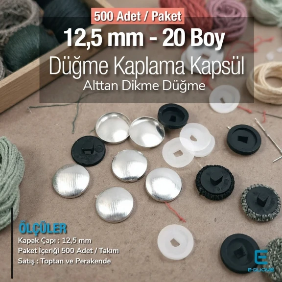 20 Boy - 12,5 mm Kumaş Kaplama Düğme Alttan Dikme 500 Ad/Pkt – KAP0020