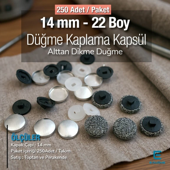 22 Boy - 14 mm Kumaş Kaplama Düğme Alttan Dikme 250 Ad/Pkt – KAP0022