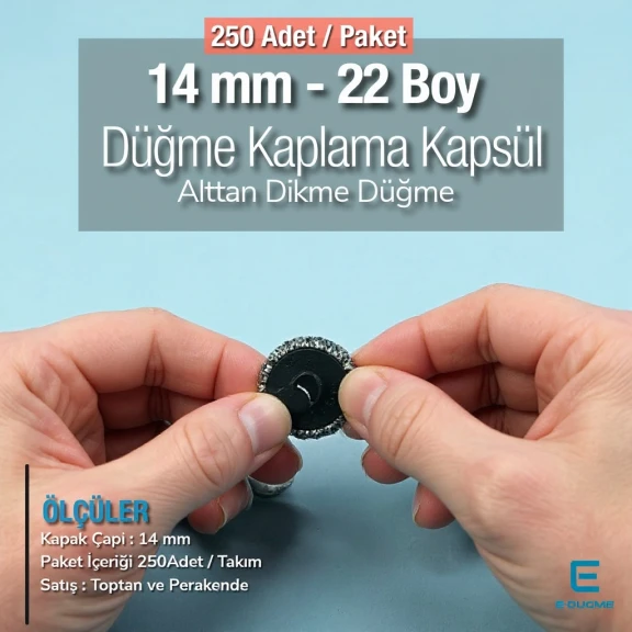 22 Boy - 14 mm Kumaş Kaplama Düğme Alttan Dikme 250 Ad/Pkt – KAP0022