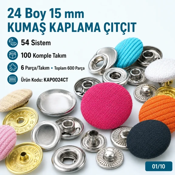 24 boy 15 mm kumaş kaplama çıtçıt düğme, ceket, kaban, yelek gibi giyim ürünlerinde dekoratif ve pratik kapama çözümü