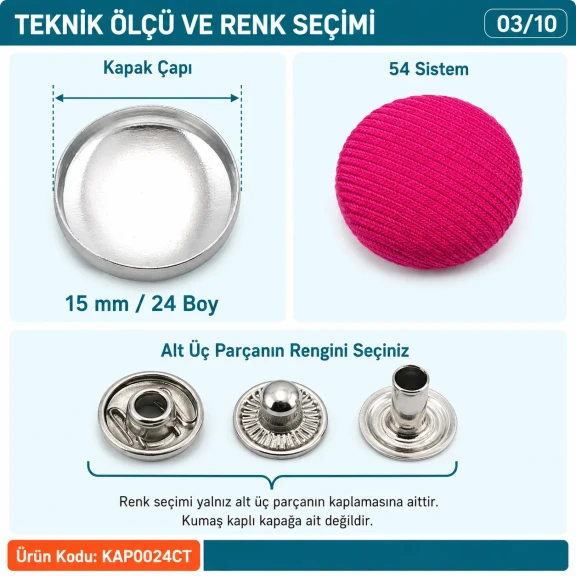 24 boy 15 mm kumaş kaplama çıtçıt düğme, ceket, kaban, yelek gibi giyim ürünlerinde dekoratif ve pratik kapama çözümü