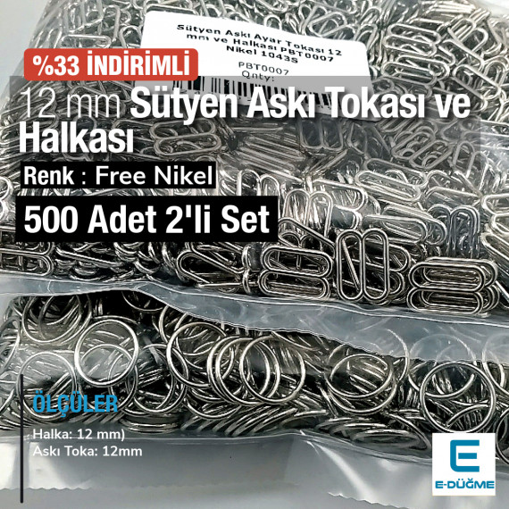 12 mm  Sütyen Askı Ayar Tokası ve Halkası Free Nikel 500 ad/Paket PBT0007PROMO