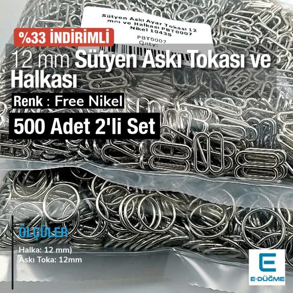 12 mm  Sütyen Askı Ayar Tokası ve Halkası Free Nikel 500 ad/Paket PBT0007PROMO
