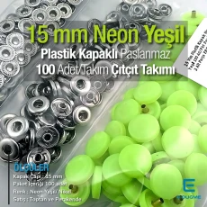 15 mm Plastik Neon Yeşil Kapaklı Çıtçıt Takımı 100 adet/pkt ERC0015PLNGreen
