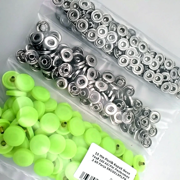 Snap Fastener Set with Cap Plastic15 mm - 0,59" Neon Green 100 pieces/pack ERC0015PLNGreen