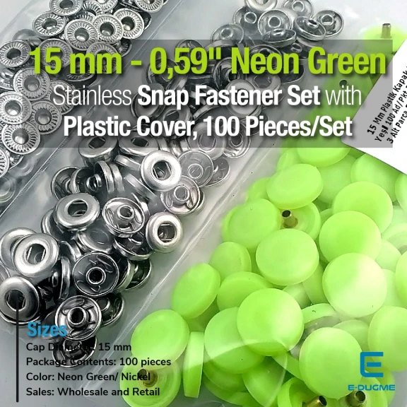 Snap Fastener Set with Cap Plastic15 mm - 0,59" Neon Green 100 pieces/pack ERC0015PLNGreen