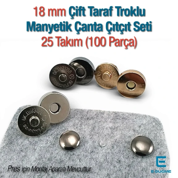 18 mm Çift Taraf Troklu Manyetik Çanta Çıtçıt Seti 25 Takım (100 Parça) SB 10132CTPK25