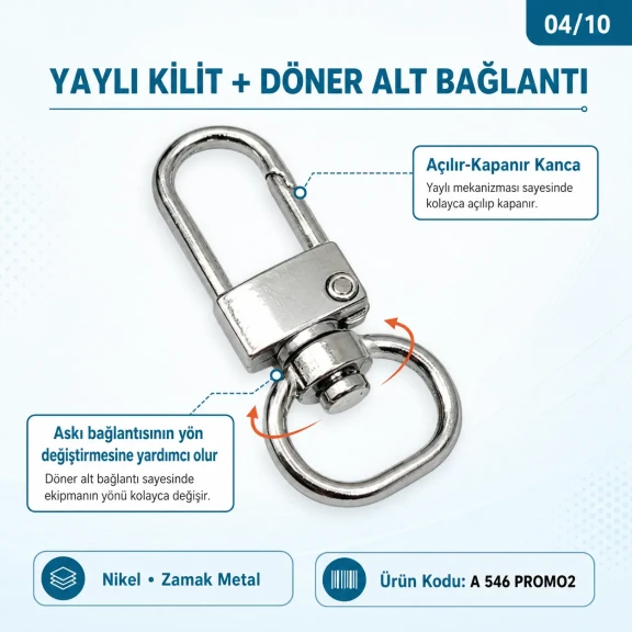 1,5 cm Nikel Yaylı Döner Papağan Kanca - 50 Adet/Paket, kaliteli zamak metalden üretilmiş, anahtarlık ve çanta aksesuarları