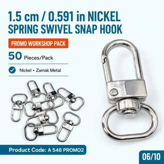 1,5 cm Nikel Yaylı Döner Papağan Kanca - 50 Adet/Paket, kaliteli zamak metalden üretilmiş, anahtarlık ve çanta aksesuarları