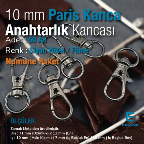 10 mm Anahtarlık Kancası - Paris Kanca Yaylı Döner Kancalar - Papağan Kanca (100 Adet/Paket) S1351