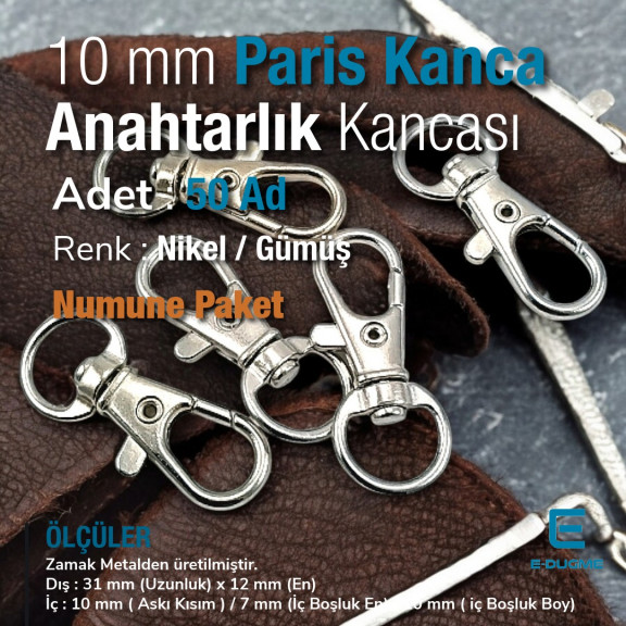 10 mm Anahtarlık Kancası - Paris Kanca Yaylı Döner Kancalar - Papağan Kanca (100 Adet/Paket) S1351