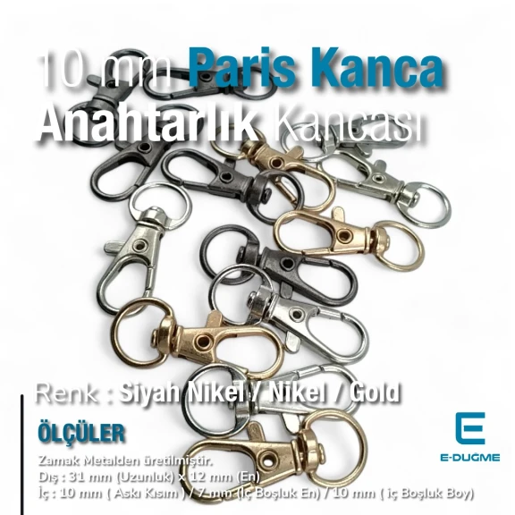 10 mm Anahtarlık Kancası - Paris Kanca Yaylı Döner Kancalar - Papağan Kanca (100 Adet/Paket) S1351