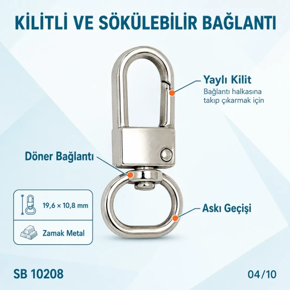 2 cm Büyük Boy Kilitli Papağan Kanca Zamak Metal SB 10208 - Çanta Aksesuarı