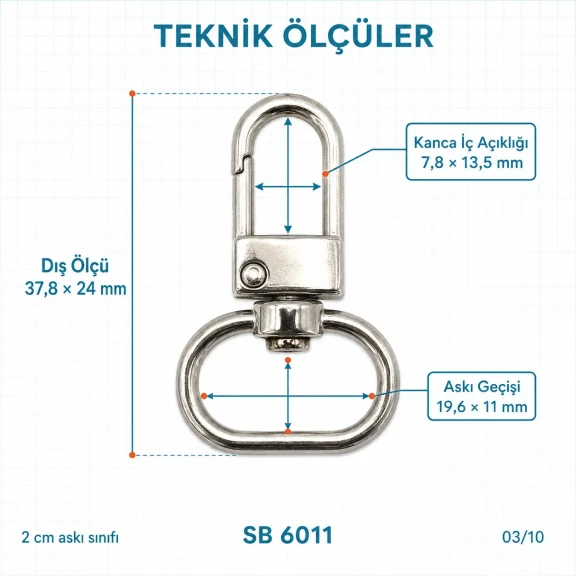 2 cm Kilitli Yaylı Döner Papağan Kanca Zamak Metal SB 6011 - Çanta askıları, anahtarlıklar ve tekstil aksesuarları için