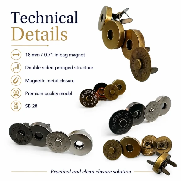 18 mm Double-Prong Magnetic Bag Snap Closure SB 2824 for secure bag fastening