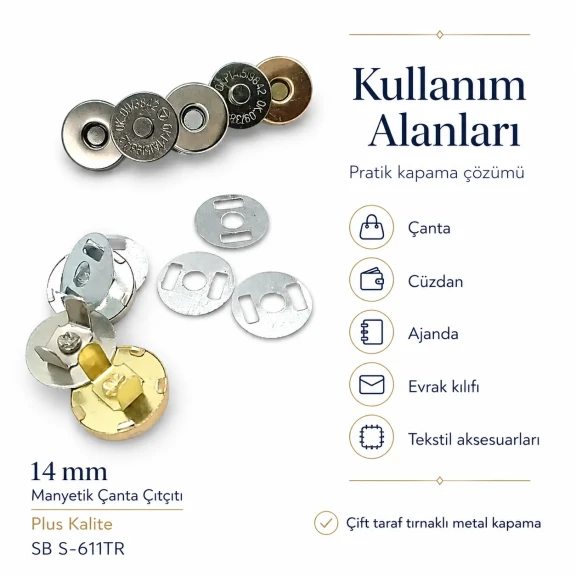 14 mm Magnetic Bag Snap Button - Double-Sided Prong Type - Durable Metal Closure for Bags and Accessories