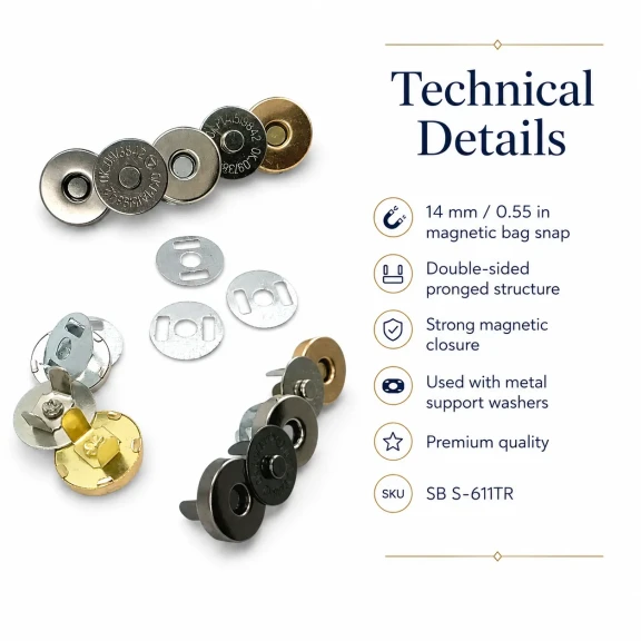 14 mm Magnetic Bag Snap Button - Double-Sided Prong Type - Durable Metal Closure for Bags and Accessories