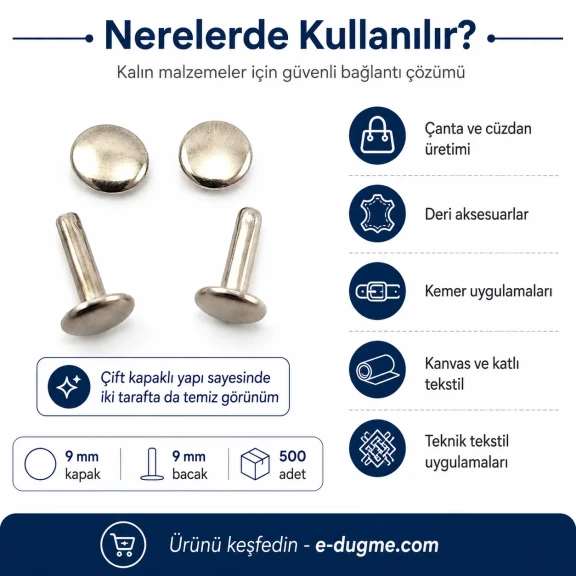 Çift Kapaklı Uzun Bacaklı Perçin 9 mm Kapak ve 9 mm Bacak Saç Malzeme - 500 Adet