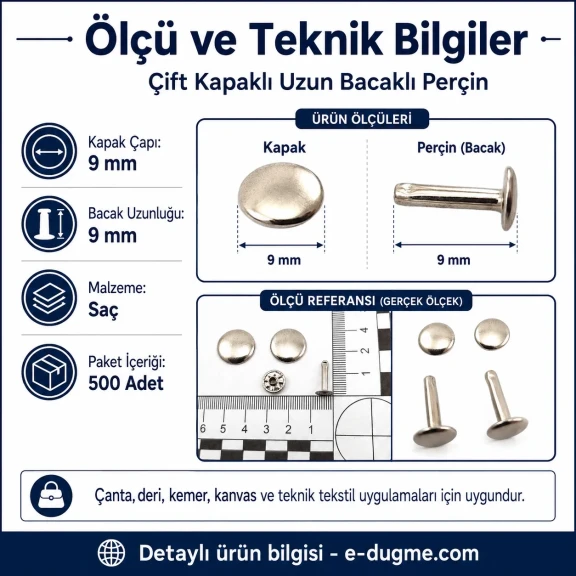 Çift Kapaklı Uzun Bacaklı Perçin 9 mm Kapak ve 9 mm Bacak Saç Malzeme - 500 Adet