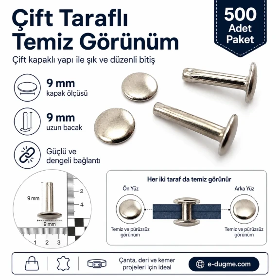 Çift Kapaklı Uzun Bacaklı Perçin 9 mm Kapak ve 9 mm Bacak Saç Malzeme - 500 Adet