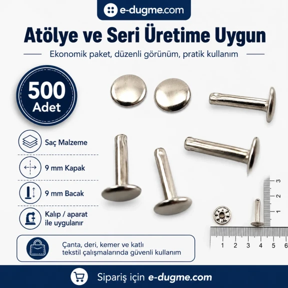 Çift Kapaklı Uzun Bacaklı Perçin 9 mm Kapak ve 9 mm Bacak Saç Malzeme - 500 Adet