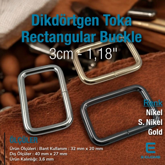 3 cm Metal Dikdörtgen Toka - Çerçeve Toka Özel Kaplama S 1220