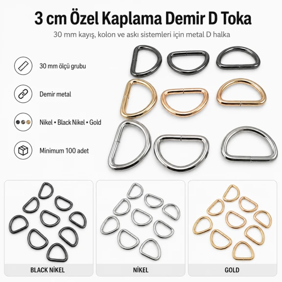 3 cm Özel Kaplama D Toka D Halka Demir S 16336, 1,5 cm kayış ve askı sistemleri için ideal metal aksesuar