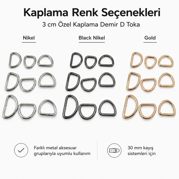 3 cm Özel Kaplama D Toka D Halka Demir S 16336, 1,5 cm kayış ve askı sistemleri için ideal metal aksesuar