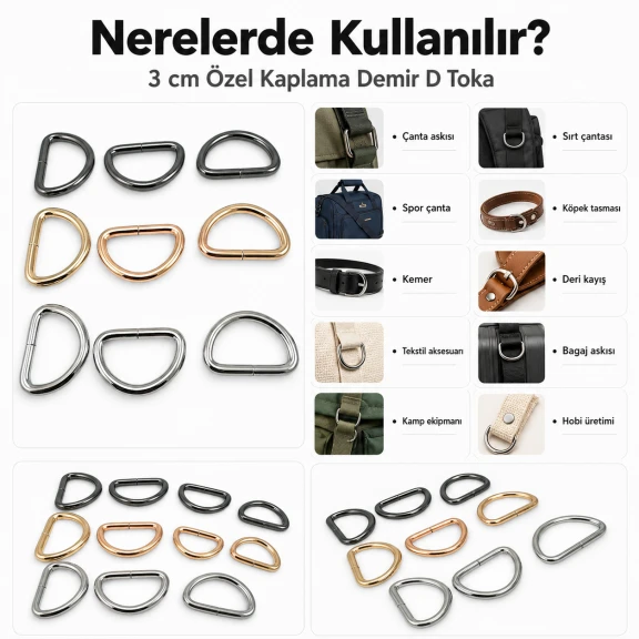 3 cm Özel Kaplama D Toka D Halka Demir S 16336, 1,5 cm kayış ve askı sistemleri için ideal metal aksesuar