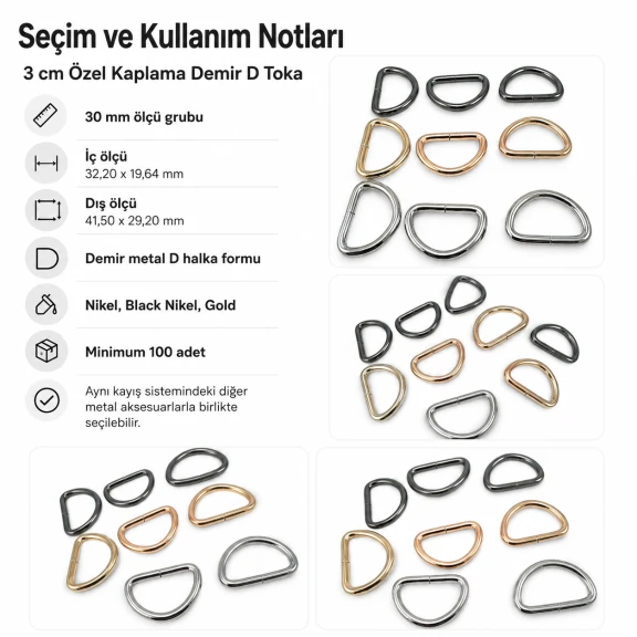 3 cm Özel Kaplama D Toka D Halka Demir S 16336, 1,5 cm kayış ve askı sistemleri için ideal metal aksesuar