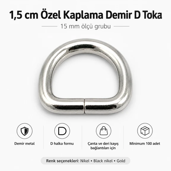 1,5 cm özel kaplama D-toka D-halka, zamak malzemeden üretilmiş, dayanıklı ve pratik tasarım, çanta askı ve kayış sistemleri